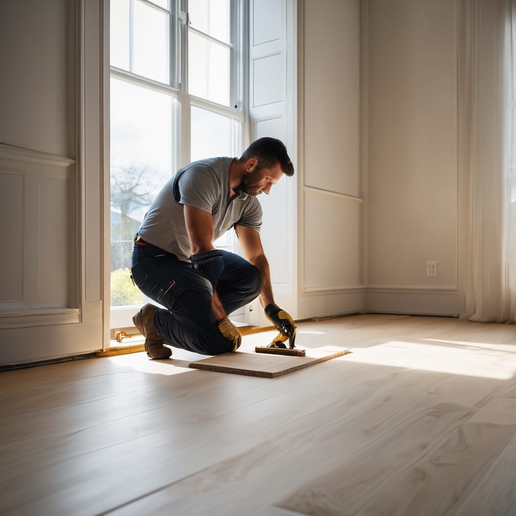Flooring installer kneeling to fit a hardwood plank into place