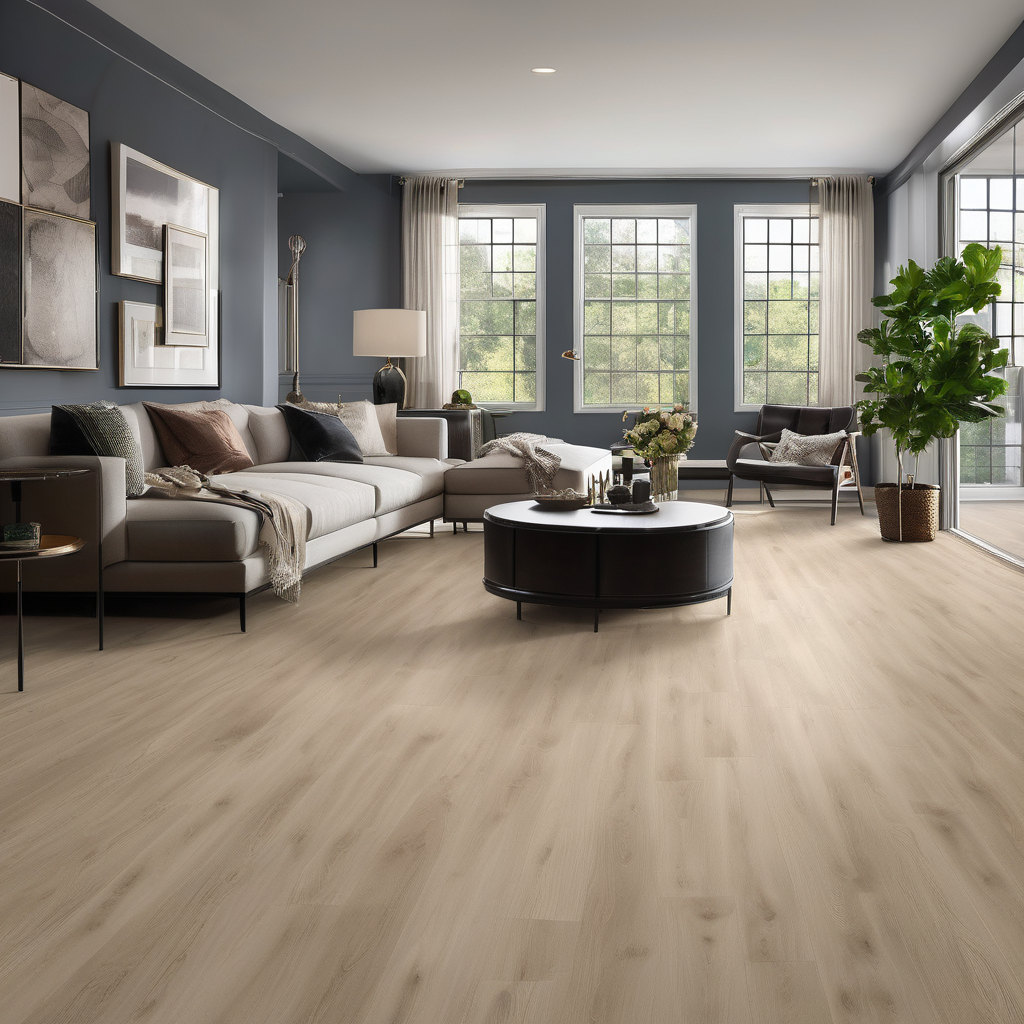 Modern living room with beautiful luxury vinyl plank flooring in warm tones and natural lighting