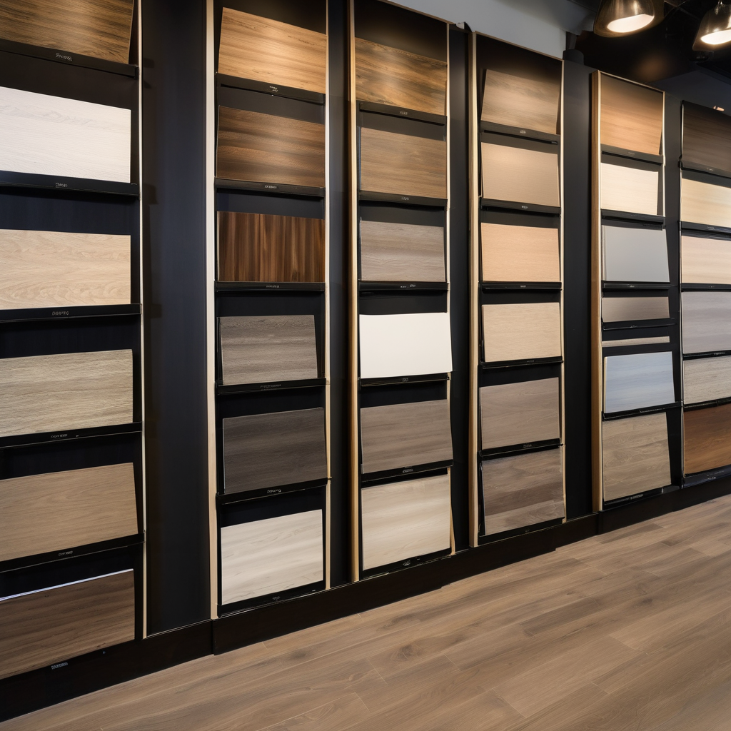 Display of luxury vinyl plank flooring samples with various wood finishes and colors