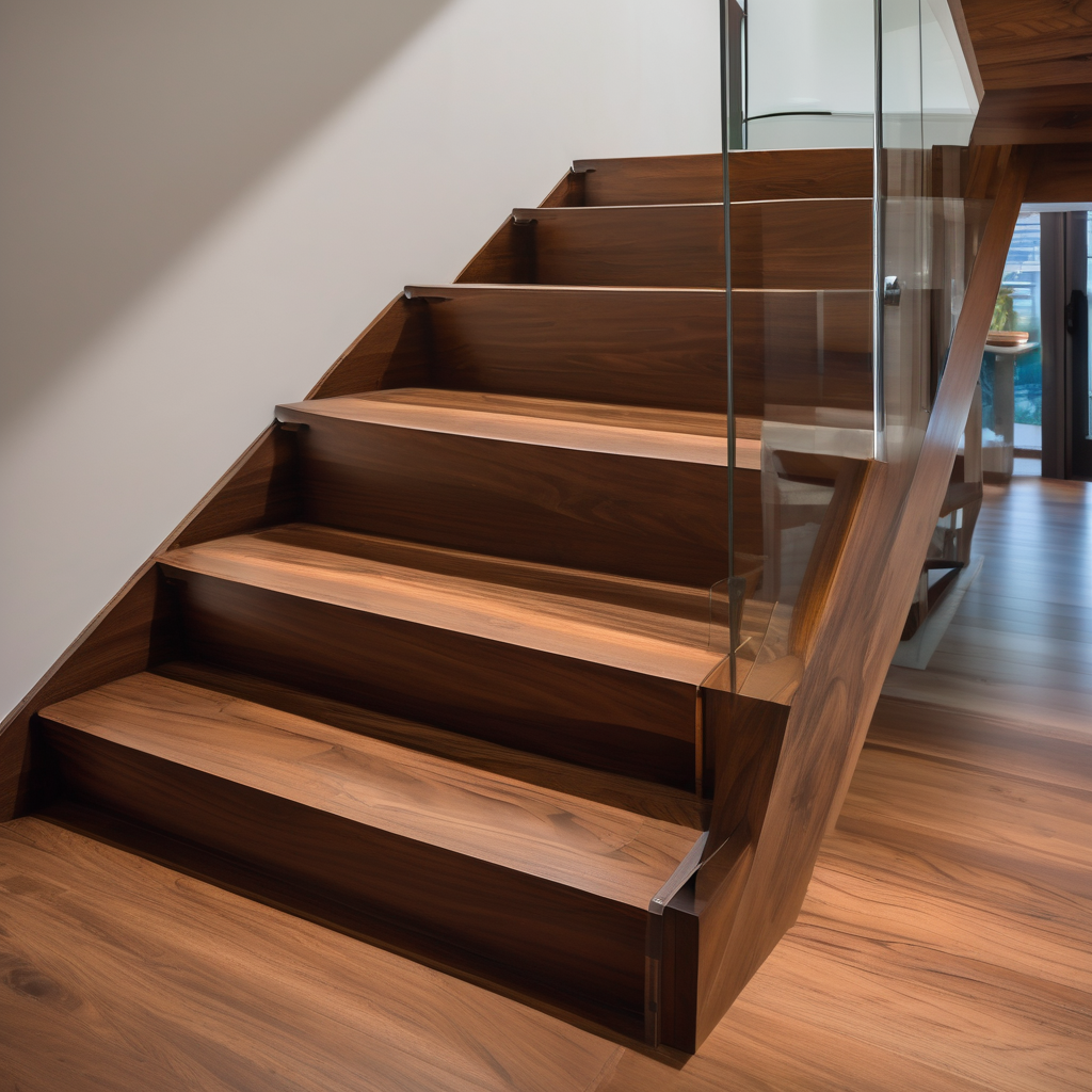 Close-up detail of wooden stair treads with rich wood grain patterns and professionally installed edges
