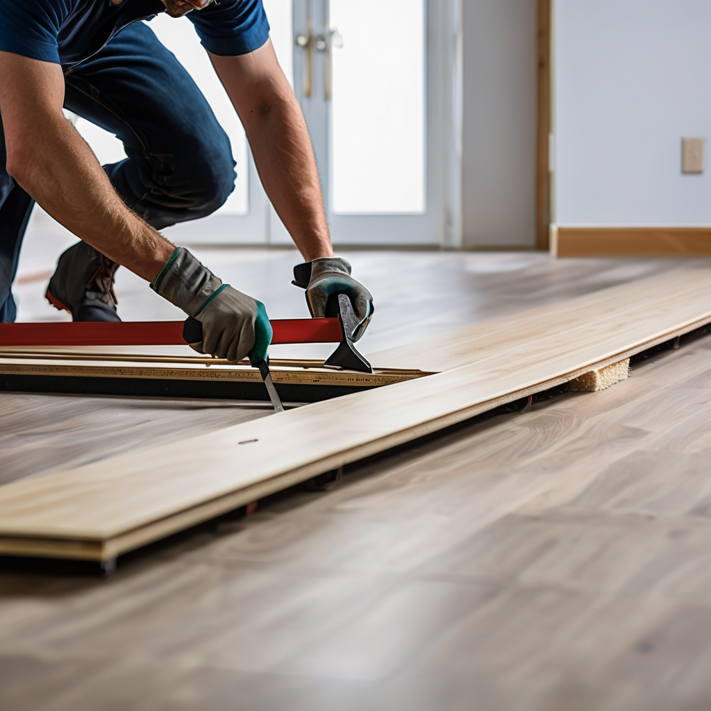 Skilled flooring installer laying luxury vinyl plank flooring with precision