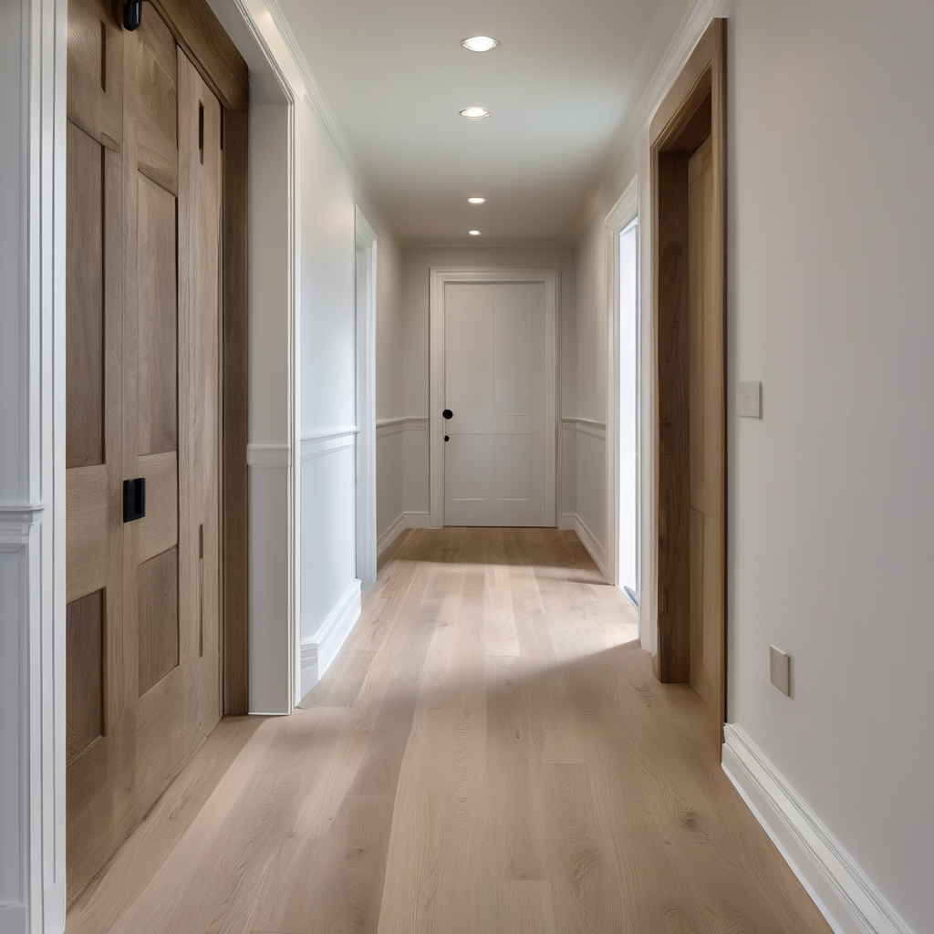 Finished hallway with wide-plank white oak flooring